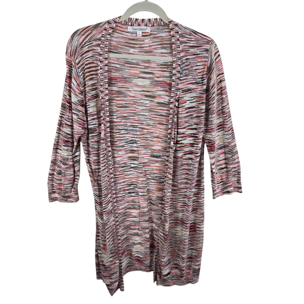 Travel Smith Womens Open Cardigan Sweater Knit Multi Color Stripes Light Large